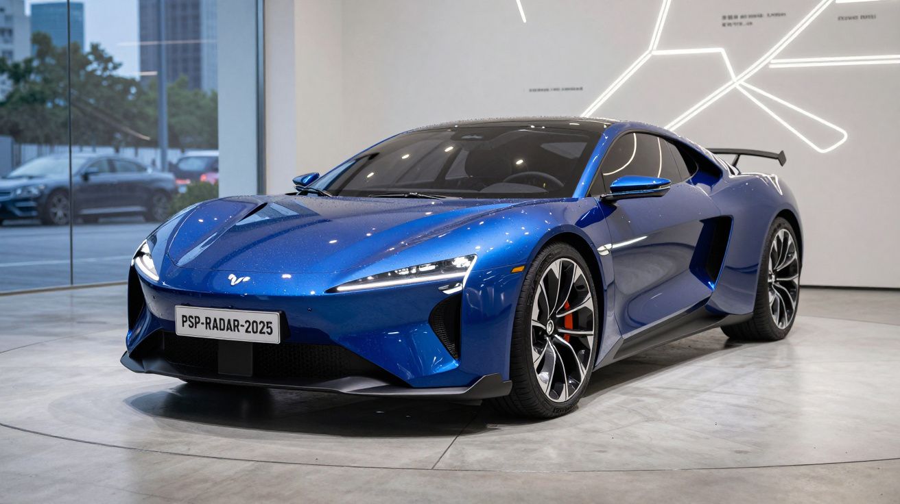 Carro desportivo eléctrico azul brilhante em exposição numa sala moderna com chão cinza.