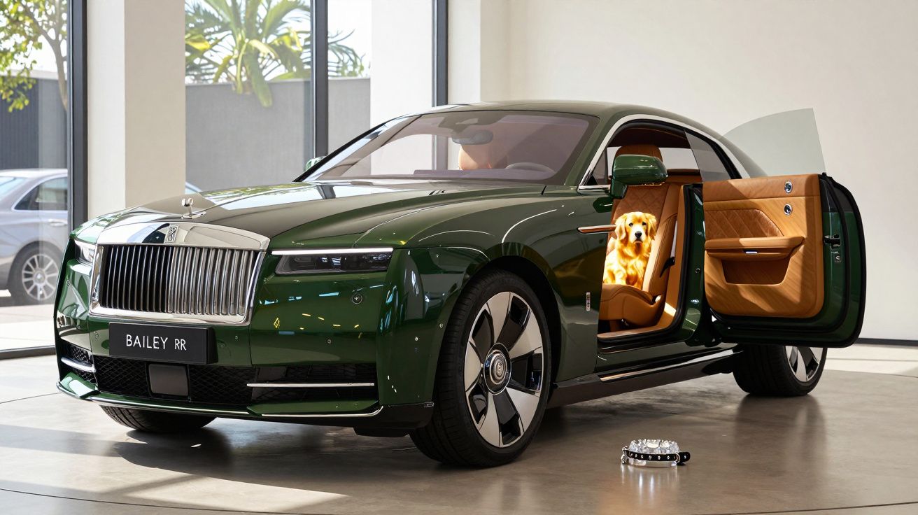 Carro de luxo verde com porta aberta e cão dourado sentado no banco interior em rampa de garagem iluminada.