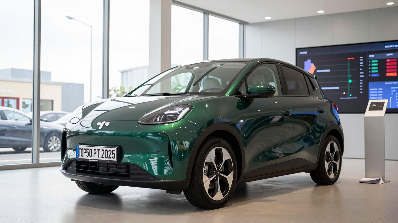 Carro elétrico verde escuro estacionado num showroom moderno com janelas grandes e ecrã digital ao fundo.