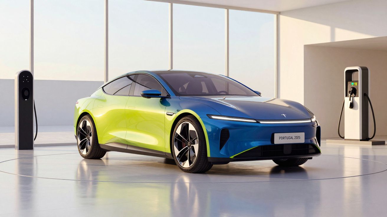 Carro elétrico azul e verde numa plataforma de exposição em ambiente moderno com estações de carregamento.