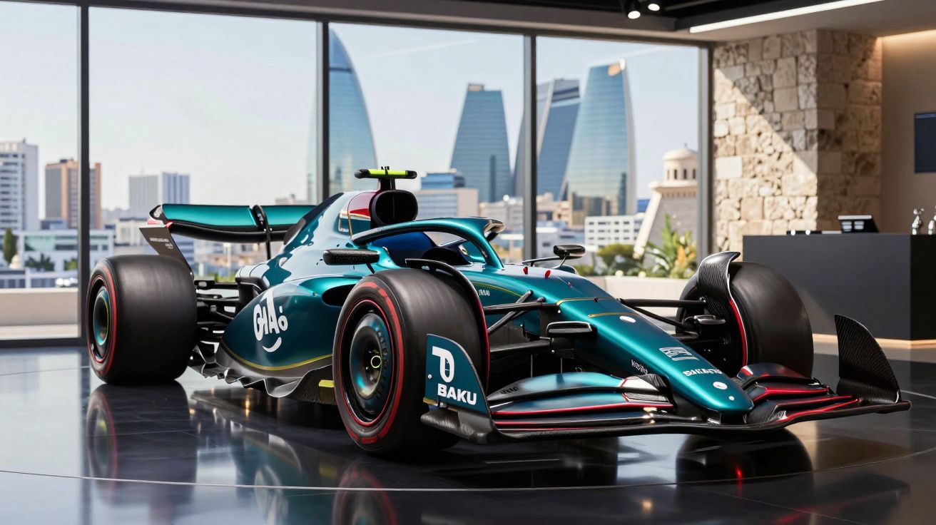 Carro de Fórmula 1 verde-água num salão com vista urbana através de grandes janelas panorâmicas.