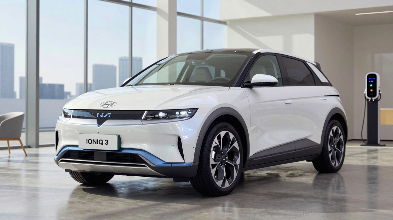 Carro elétrico Hyundai Ioniq 3 branco estacionado em interior moderno com estação de carregamento.
