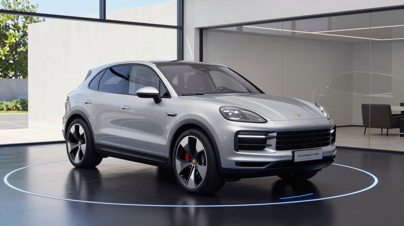 Carro SUV Porsche Cayenne em prata exposto num showroom moderno com chão escuro e luz circular no chão.
