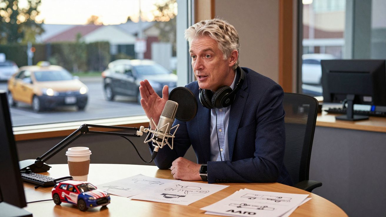 Homem de cabelos grisalhos em estúdio de rádio, falando ao microfone com auscultadores no pescoço.