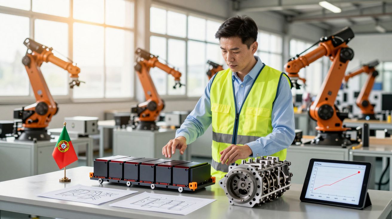 Engenheiro com colete refletor trabalha em laboratório com robôs industriais e protótipos mecânicos.