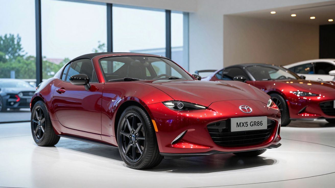 Carro Mazda MX-5 GR86 vermelho exposto numa loja moderna com grandes janelas.