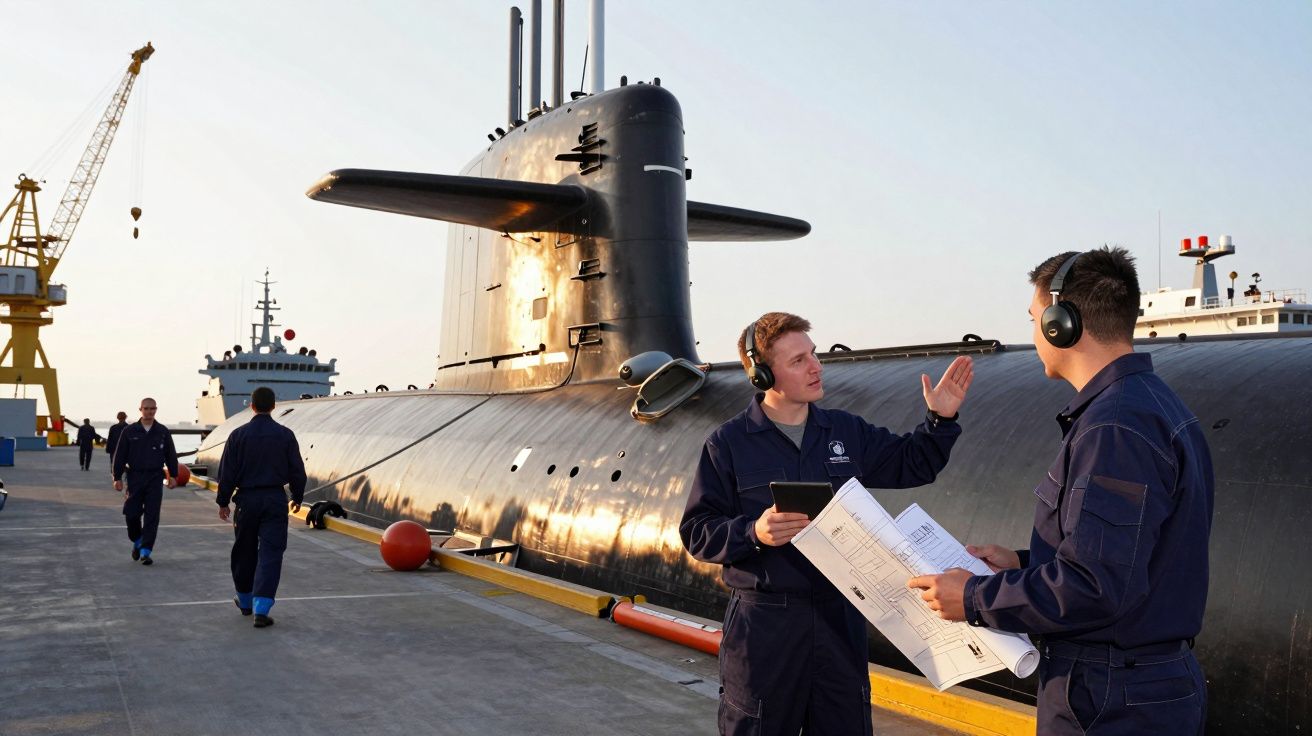 Dois técnicos com fones de ouvido conversam junto a um submarino atracado no porto ao entardecer.