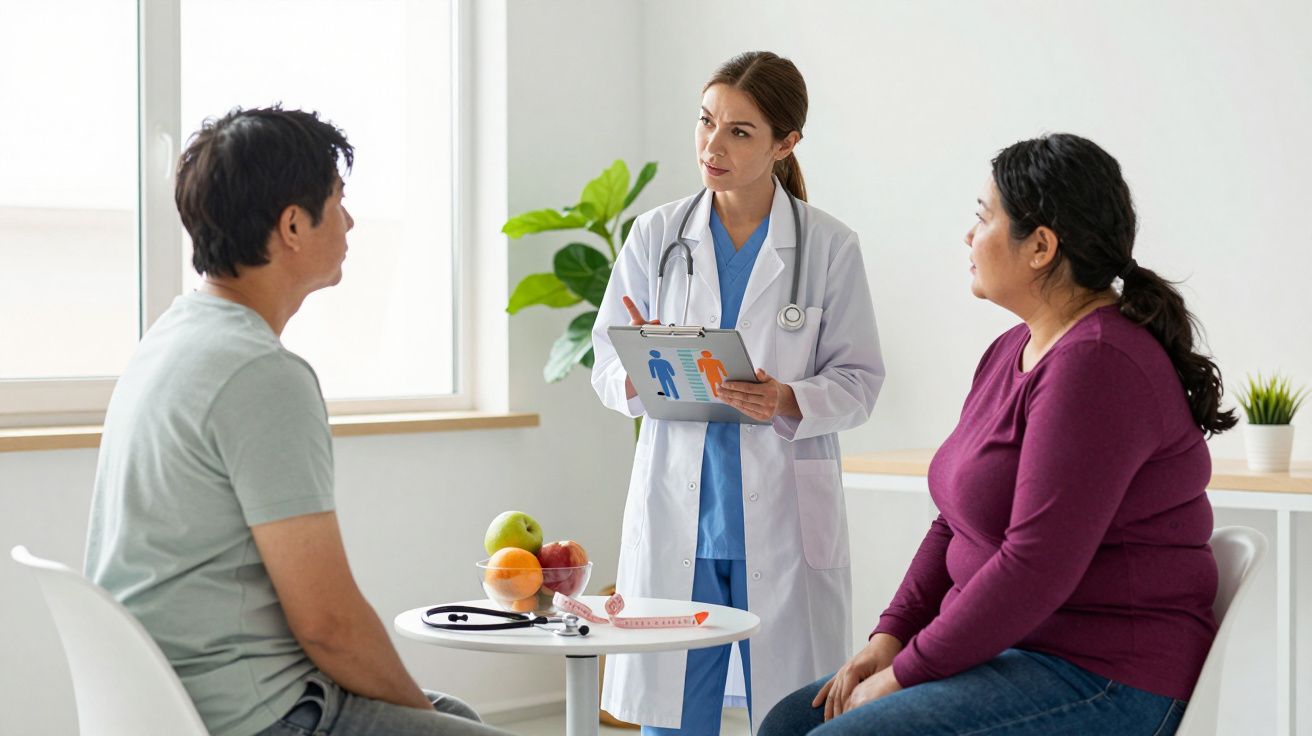 Médica fala com casal em consulta sobre saúde e nutrição, com frutas e fita métrica na mesa.