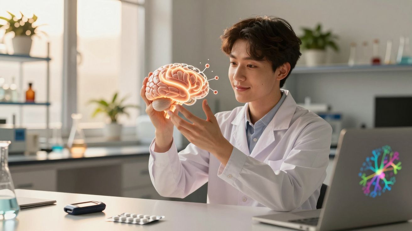 Cientista em bata branca analisa modelo digital iluminado de cérebro num laboratório moderno.