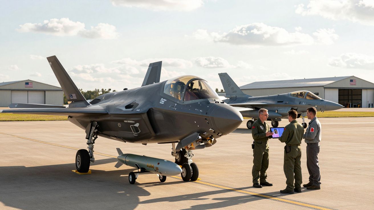 Caça furtivo F-35 estacionado com três militares em uniforme a discutir perto da aeronave num aeroporto militar.