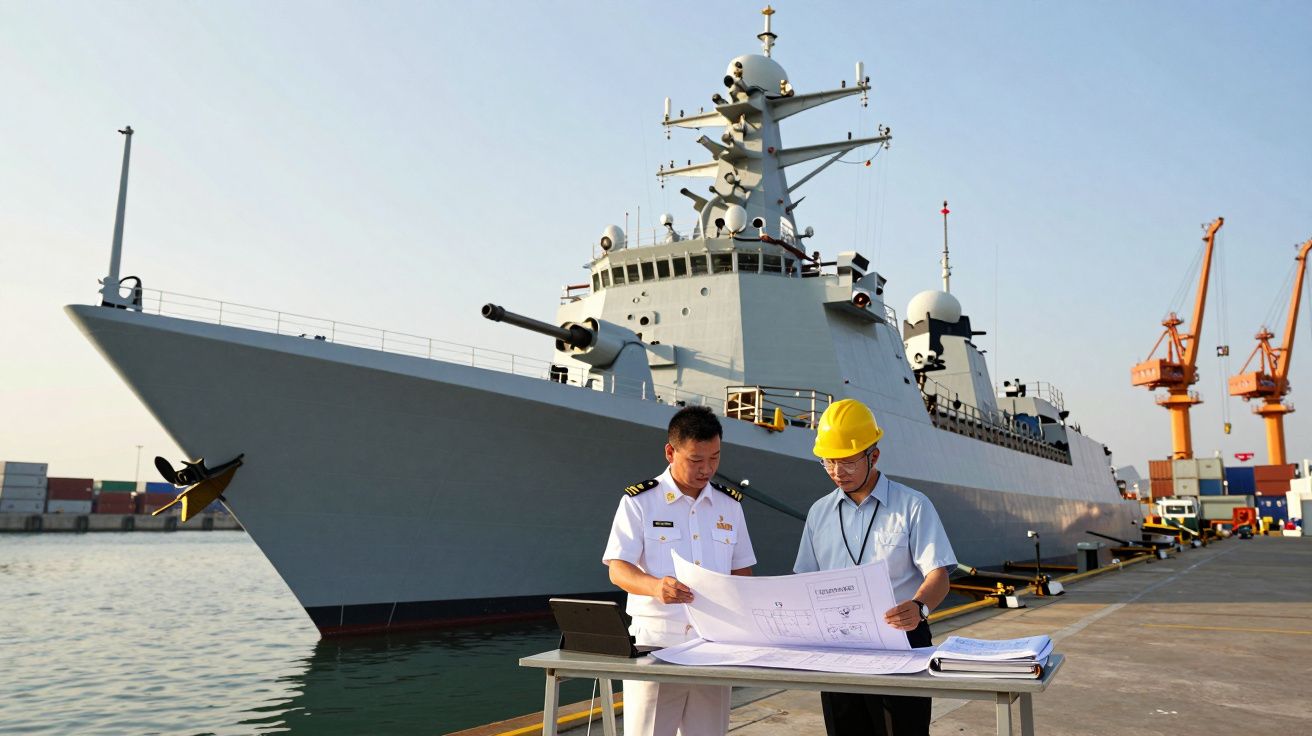 Dois homens analisam plantas técnicas em cais junto a grande navio militar ancorado, com gruas ao fundo.