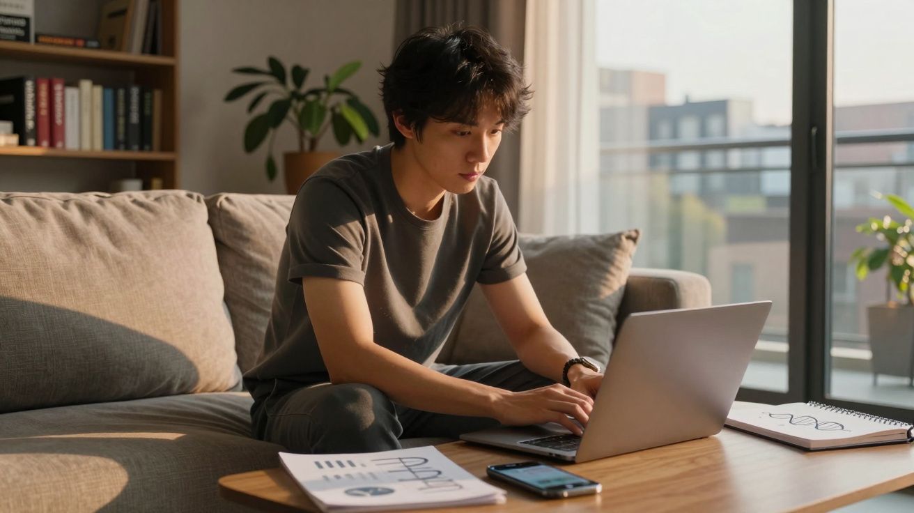 Jovem sentado no sofá a trabalhar num portátil, com documentos e telemóvel numa mesa de madeira.