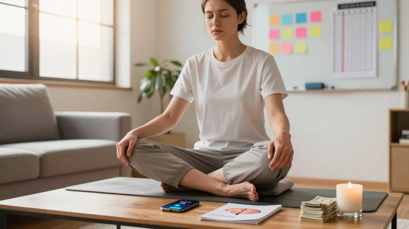 Mulher sentada no chão em posição de meditação, com olhos fechados, em sala com sofá, vela e documentos.