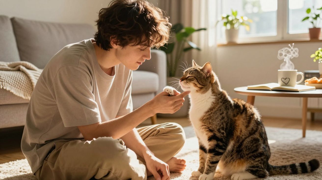 Pessoa sentada no chão acariciando um gato dentro de uma sala bem iluminada.