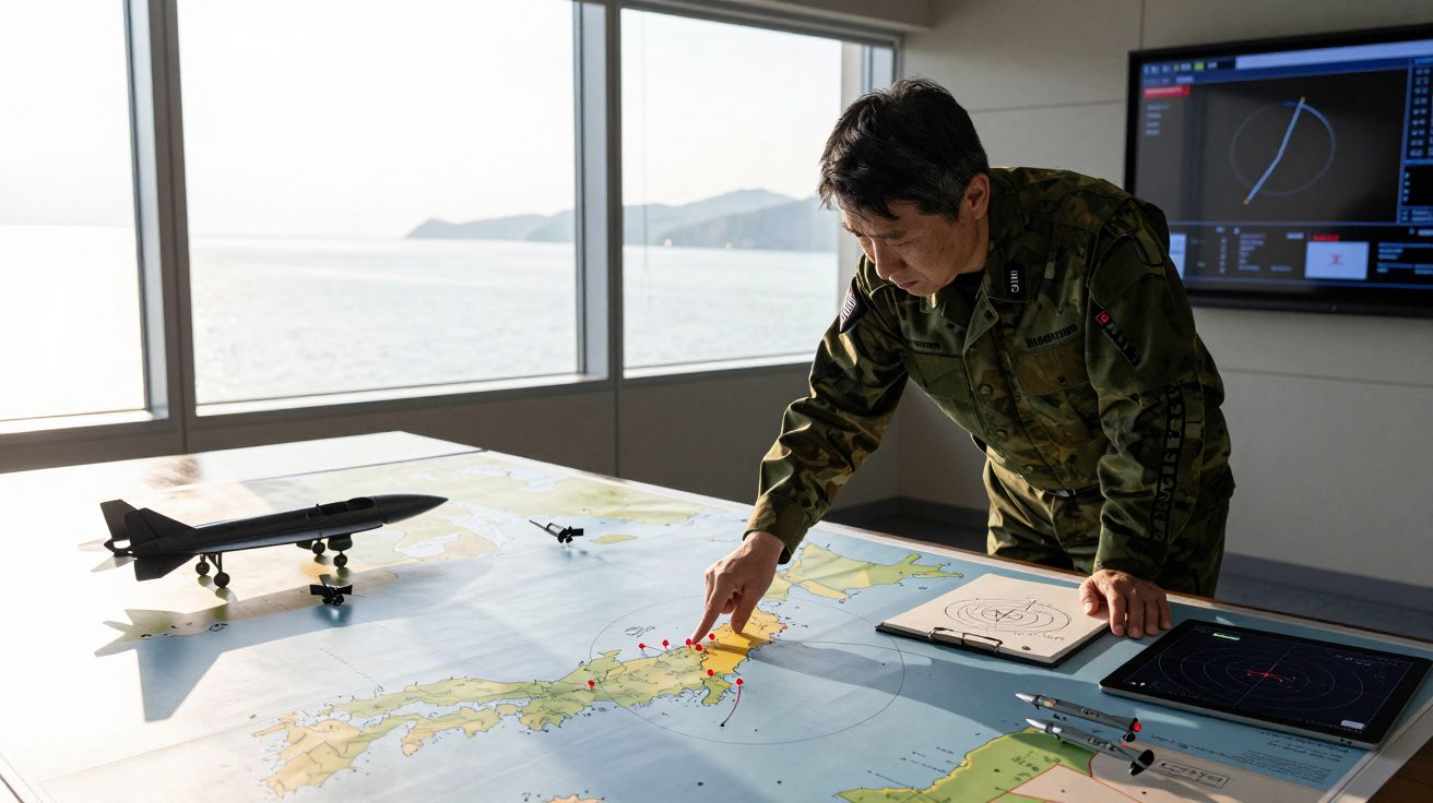 Militar a apontar um mapa de Japão numa sala com ecrãs e modelos de aviões e mísseis sobre a mesa.