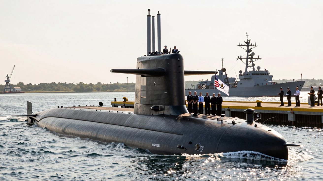 Submarino militar a navegar junto a um cais com marinheiros e um navio de guerra ao fundo.