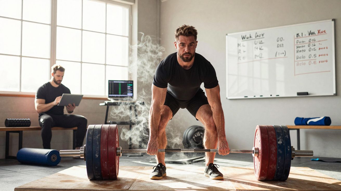Homem a fazer levantamento de peso, com treinador a observar e anotar numa prancheta numa sala de treino.