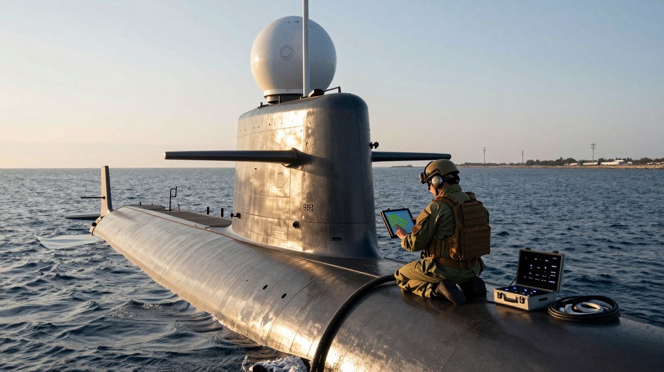 Soldado militar com equipamento tático sentado em submarino no mar, com tablet e equipamento tecnológico.