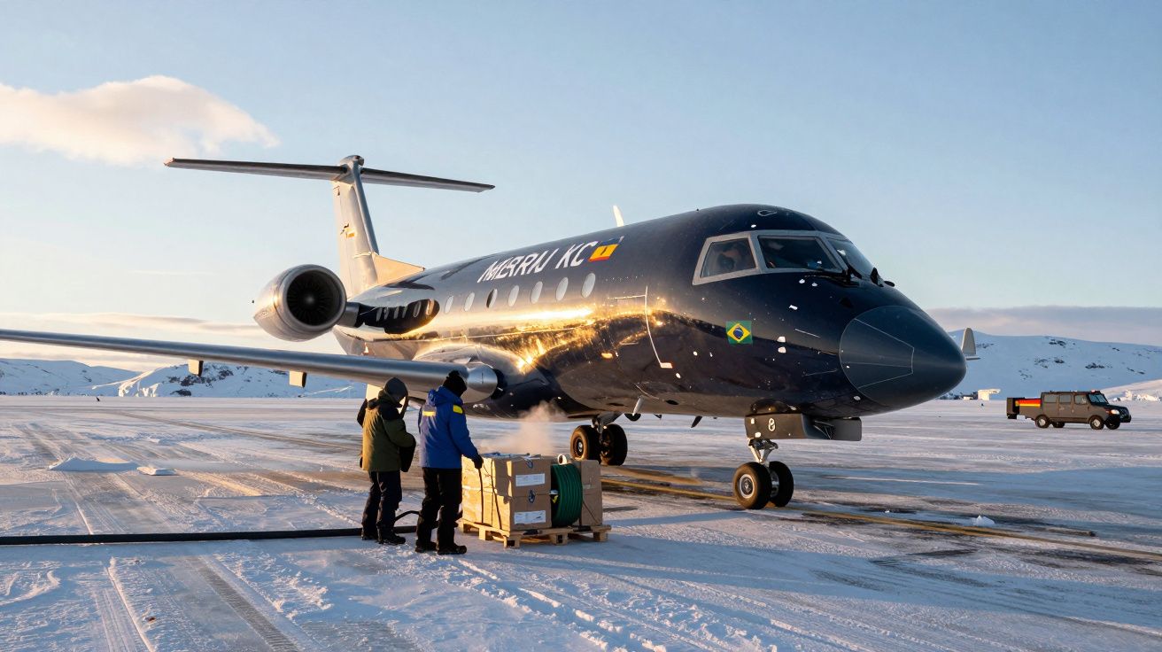 Avião militar brasileiro no solo gelado com pessoas e equipamento perto em paisagem nevada.