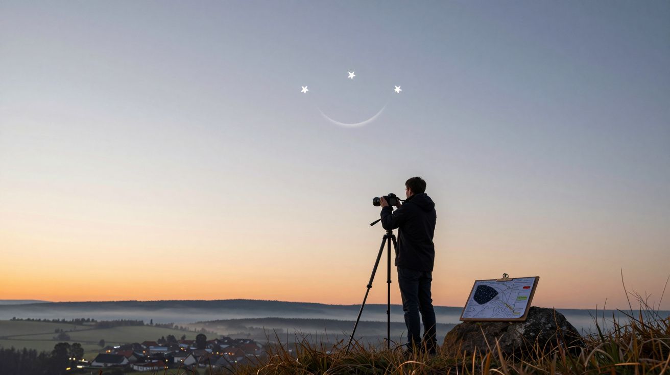 Homem com máquina fotográfica em tripé observa o céu ao pôr do sol com uma lua crescente e duas estrelas brilhantes.