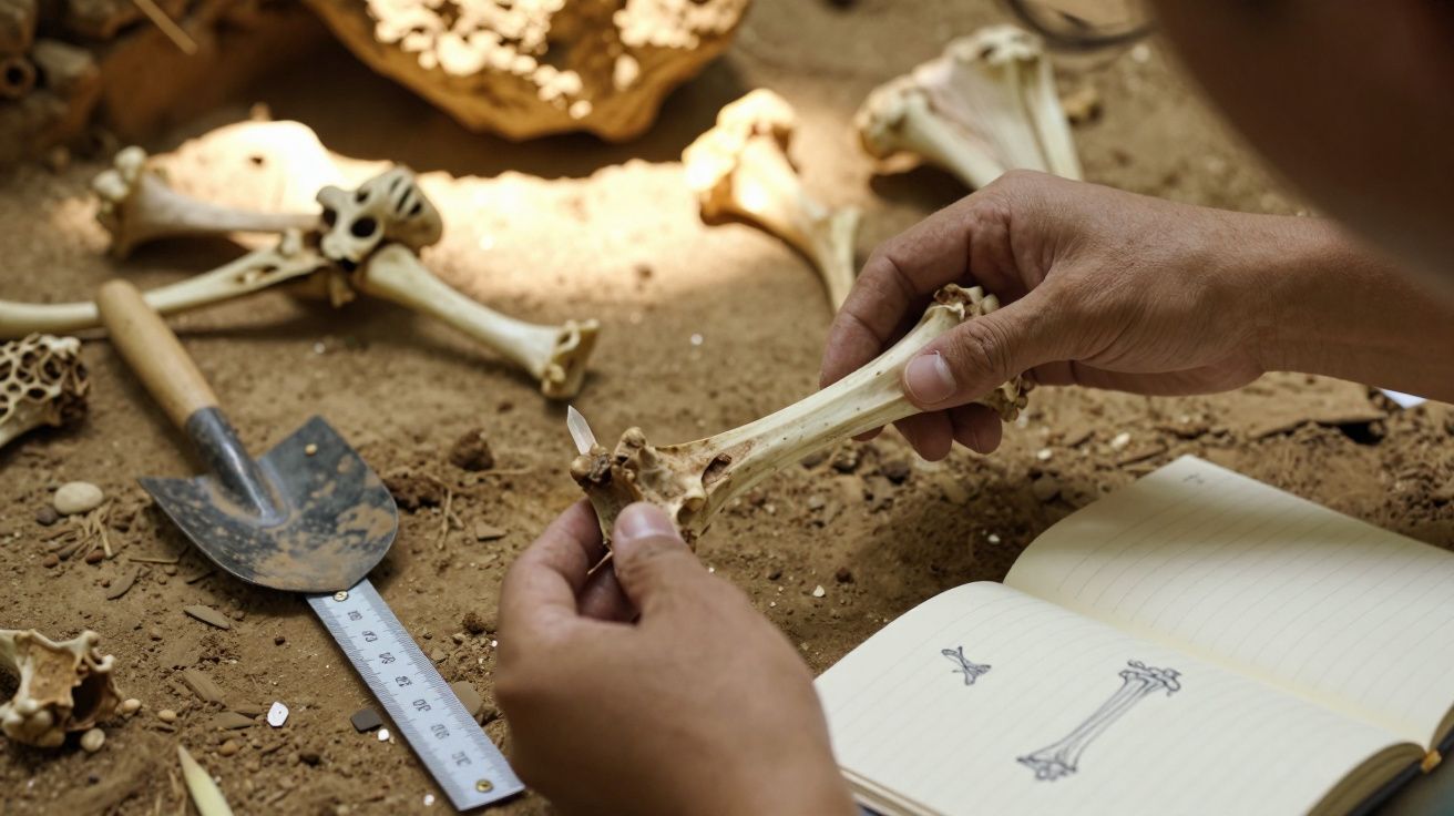 Mãos seguram osso arqueológico junto a ferramentas e caderno com desenhos de ossos sobre terra.