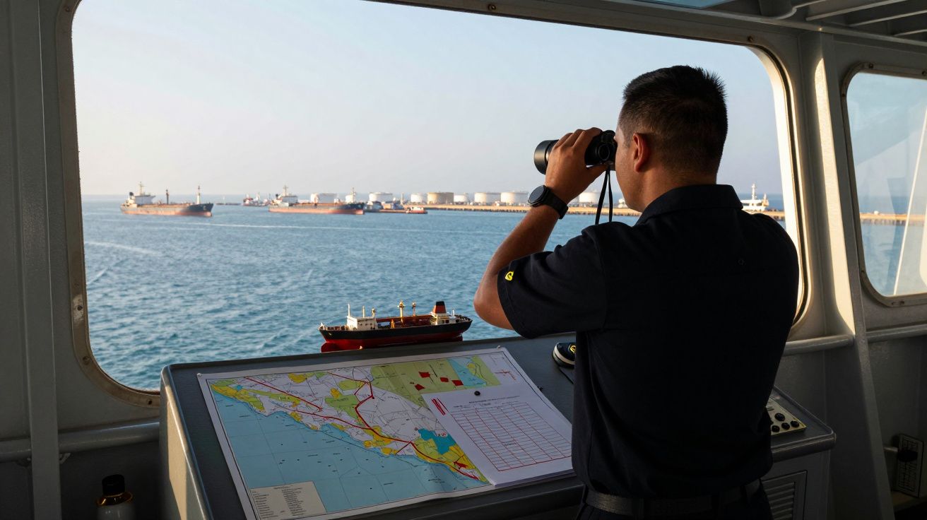 Homem no interior de um navio a observar binóculos o mar e navios ao longe através da janela.