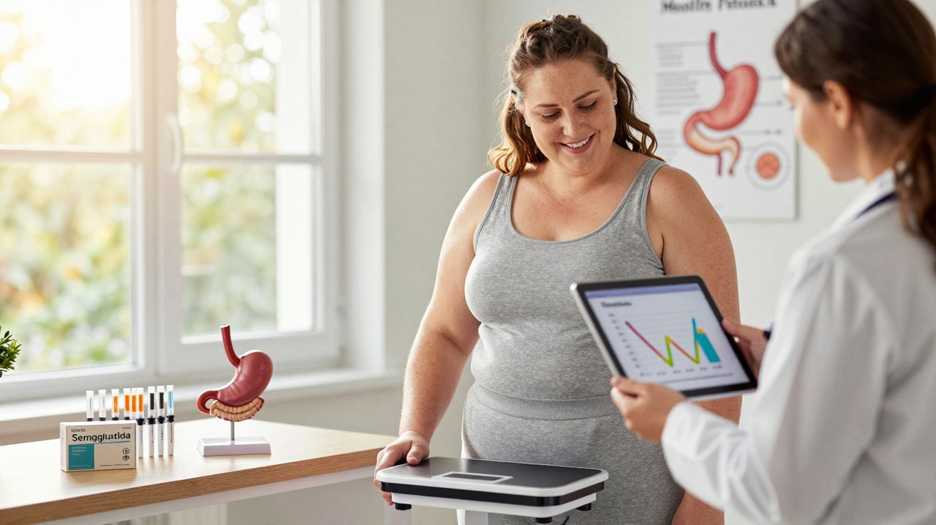 Mulher numa consulta médica a pesar-se, médica apresenta resultados num tablet, gesto positivo e ambiente clínico.