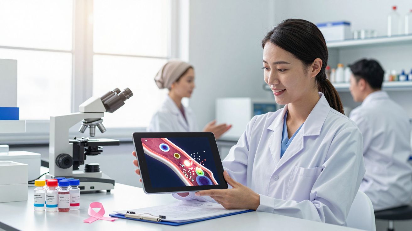 Cientista feminina numa sala de laboratório, segurando tablet com imagem digital de célula sanguínea.