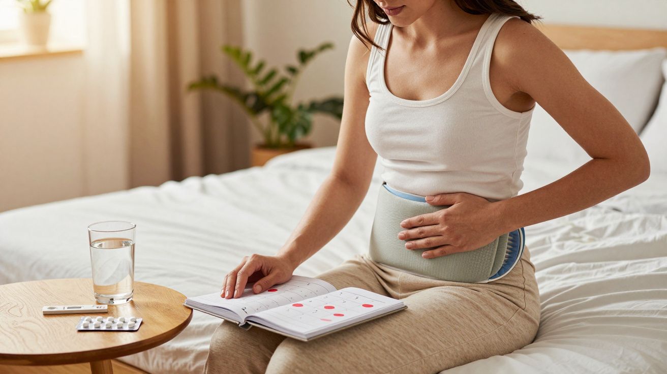 Mulher sentada na cama com almofada térmica na barriga e a consultar calendário menstrual.