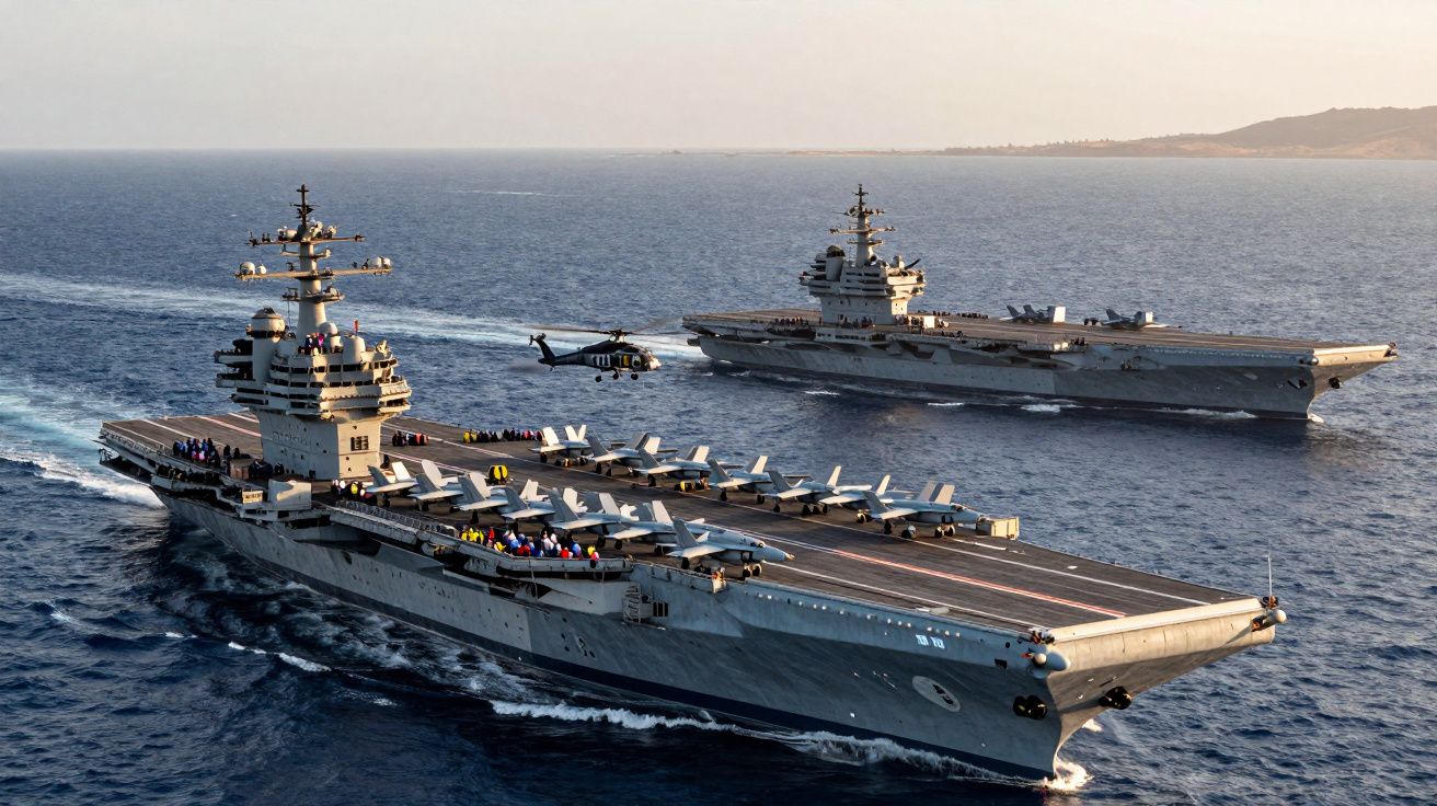 Dois porta-aviões militares no mar com vários aviões na pista e um helicóptero em voo entre eles.