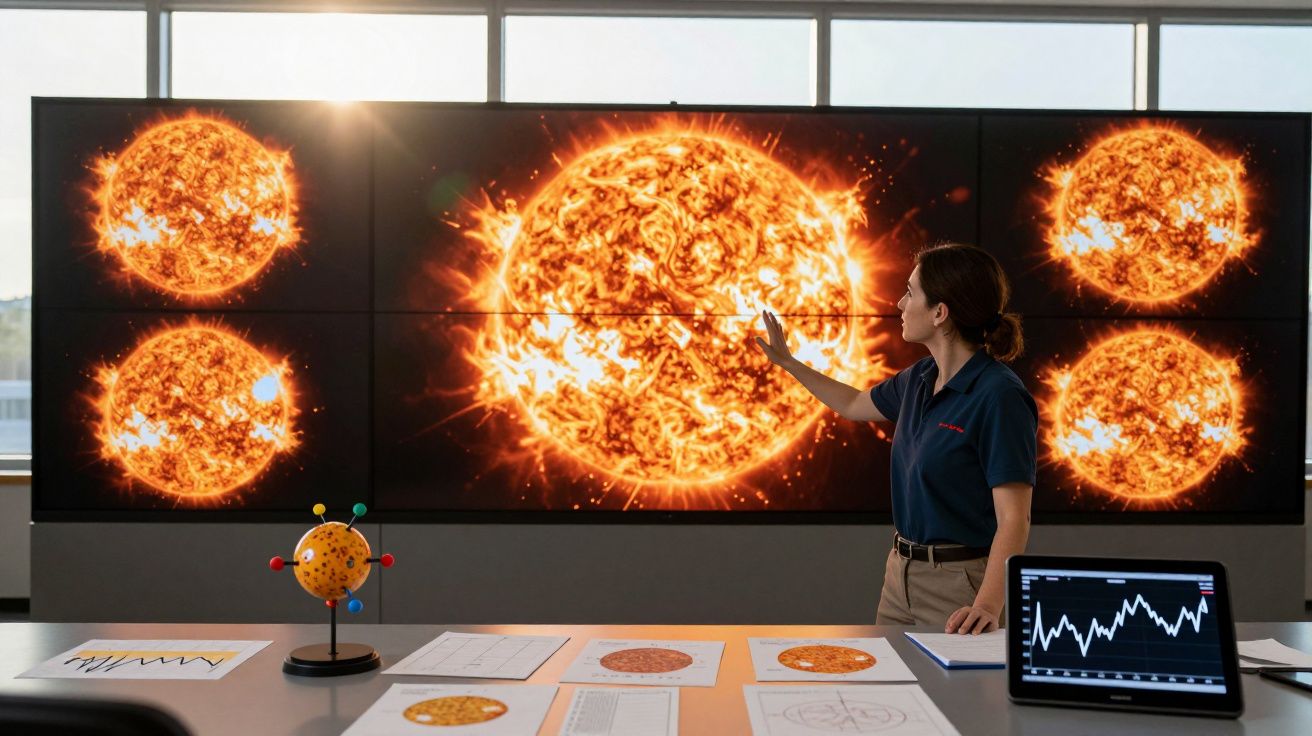 Mulher em escritório interage com ecrã gigante mostrando imagens detalhadas do sol e dados científicos.