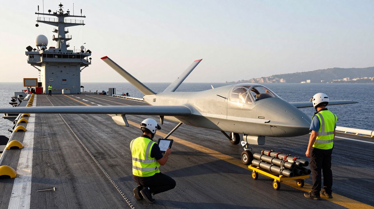 Drone militar cinzento numa porta-aviões com dois técnicos em coletes e capacetes a operarem ao redor.
