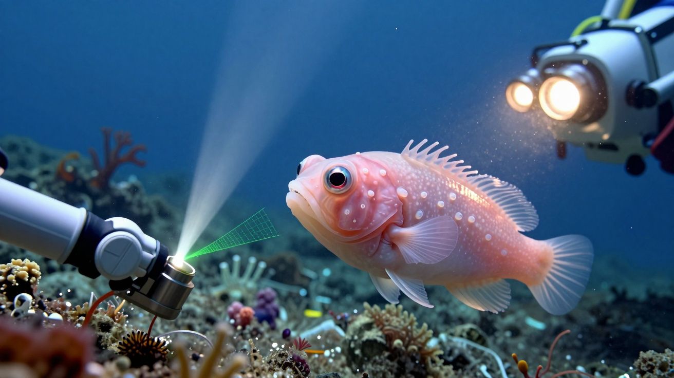 Peixe cor-de-rosa com manchas brancas observado por robôs submarinos iluminados em fundo marinho com corais.