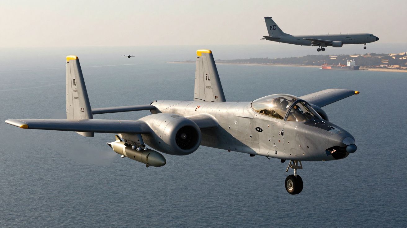 Avião militar cinzento voando sobre o mar com outros dois aviões ao fundo perto da costa.