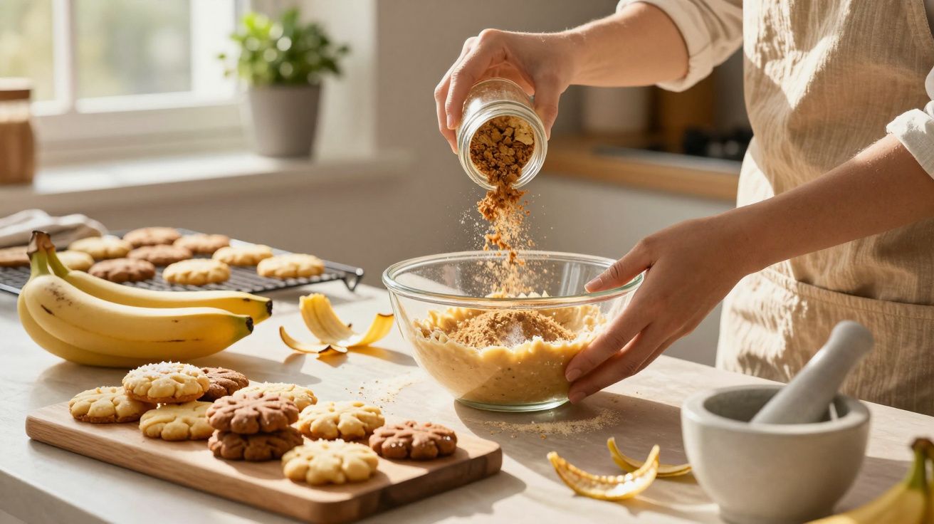 Pessoa a deitar granola numa taça com bolachas e bananas sobre a mesa de cozinha iluminada.