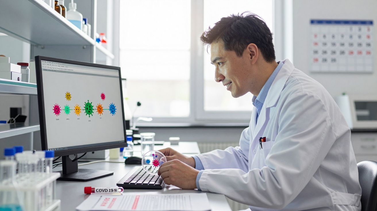 Cientista em bata branca a analisar imagem de vírus no computador num laboratório moderno bem iluminado.