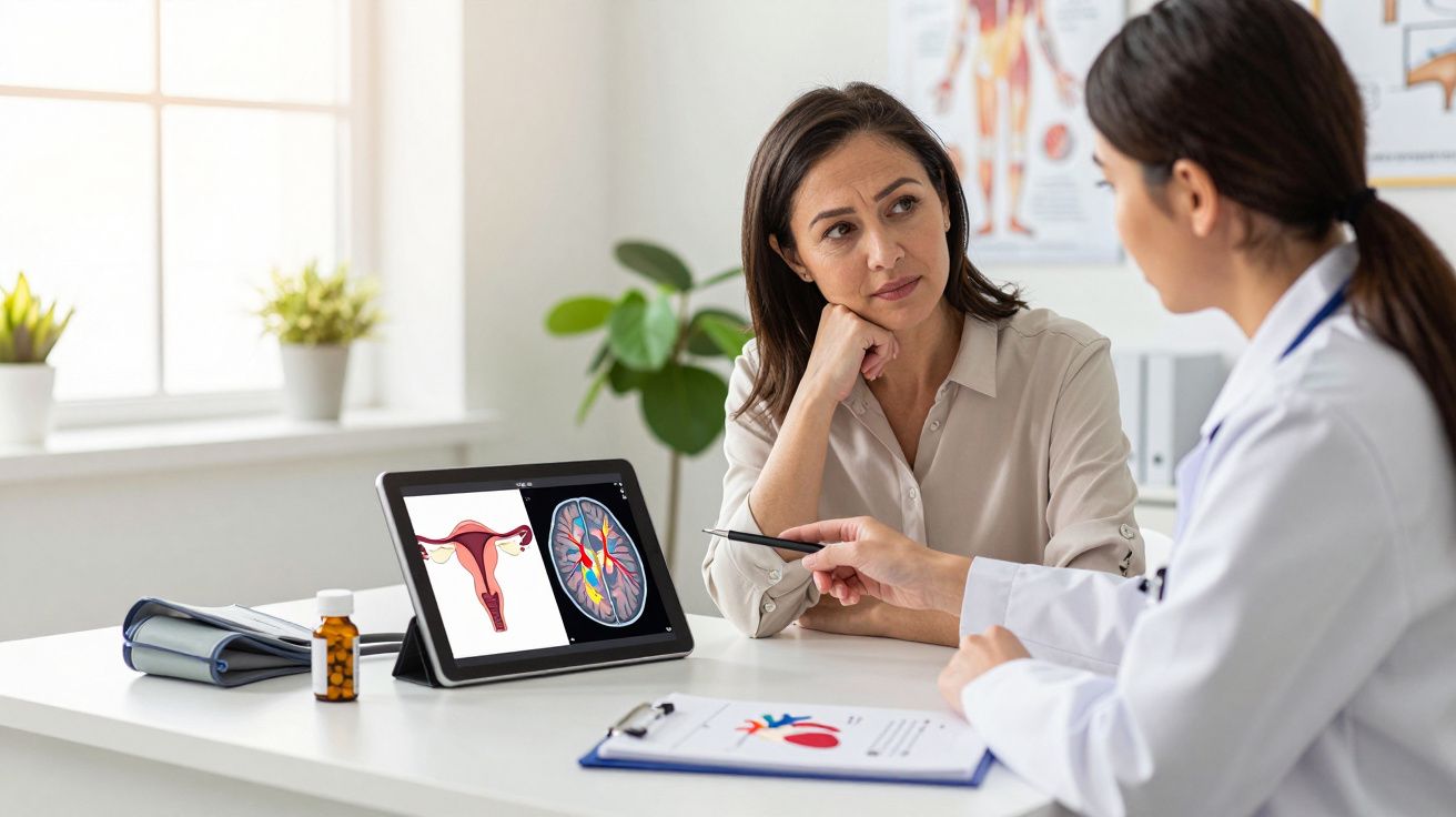 Médica a explicar imagens médicas a mulher numa consulta num consultório iluminado.