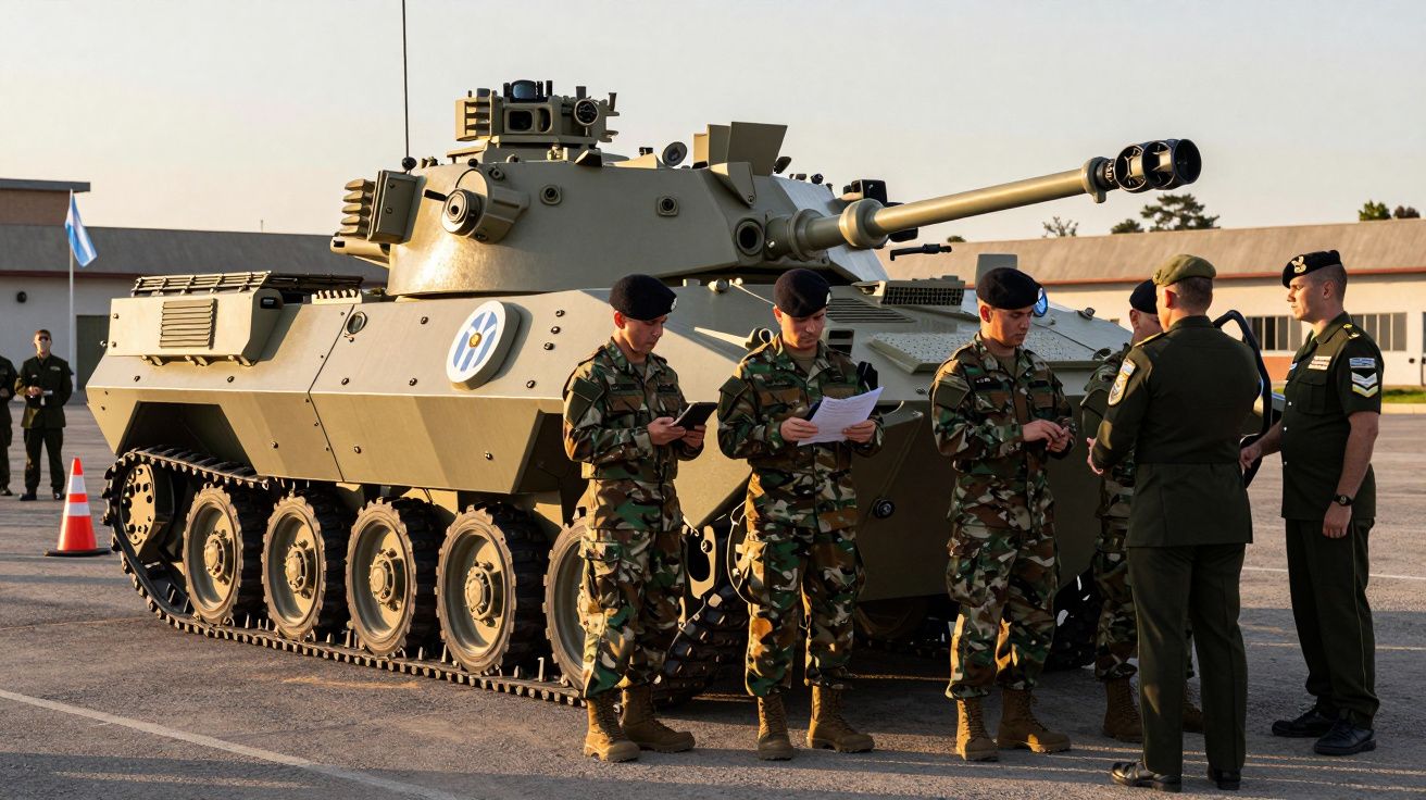 Tanque militar bege com cinco soldados em uniforme camuflado em espaço exterior ao pôr do sol.