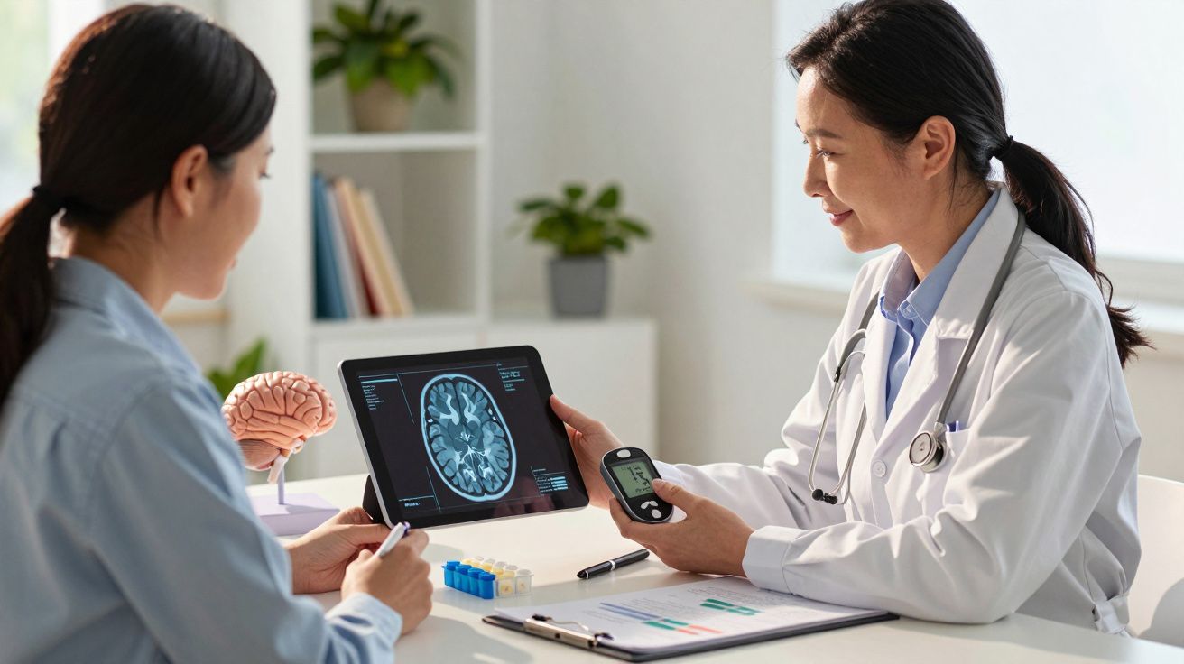 Médica a mostrar imagem de ressonância magnética cerebral a paciente durante consulta num consultório.