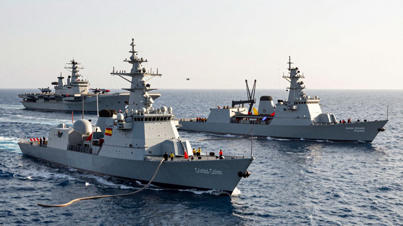 Três navios militares espanhóis navegando em mar aberto sob céu claro.