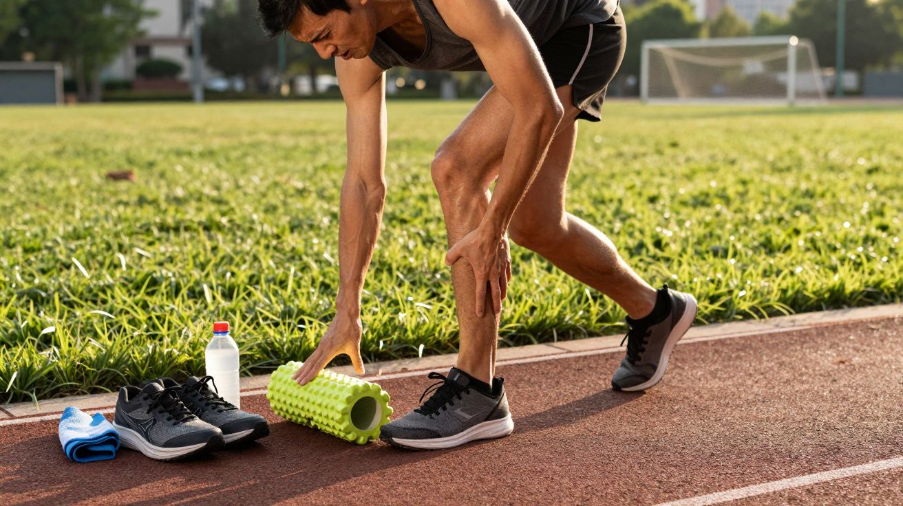 Homem na pista de corrida a usar um rolo de massagem nos gémeos, com ténis, toalha e garrafa de água ao lado.