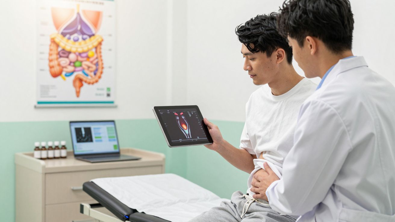 Médico com bata branca consulta paciente que segura tablet com imagem de exame e toca a barriga.
