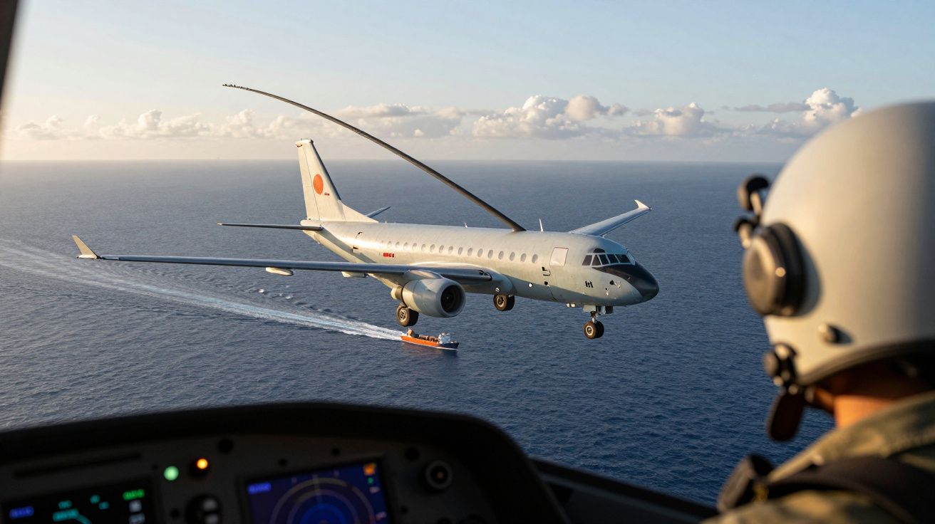 Vista de um avião a voar próximo ao mar, visto de dentro de outra aeronave com piloto em primeiro plano.