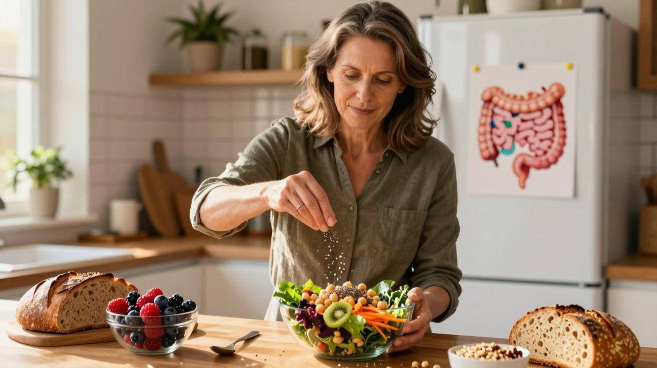 Mulher madura tempera salada fresca na cozinha com pão e frutas sobre a mesa, diagrama do intestino na parede.