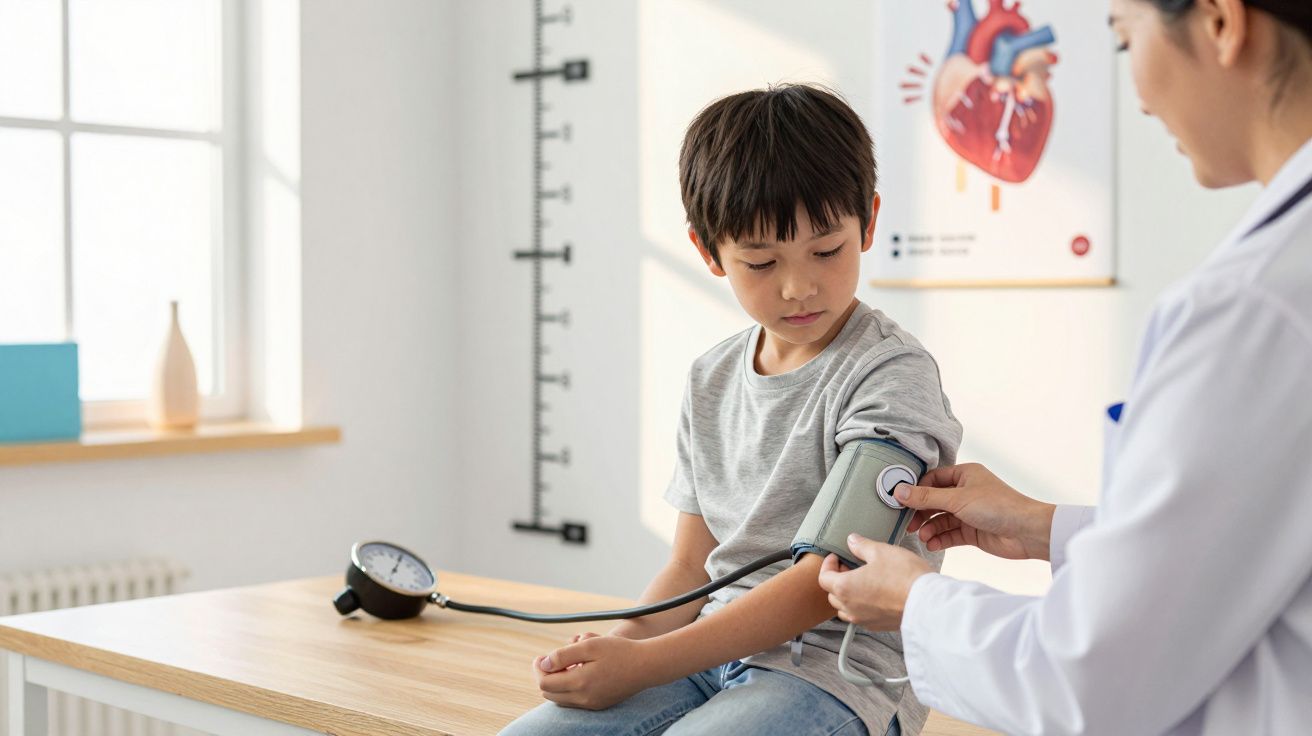 Criança sentada a fazer medição de pressão arterial por profissional de saúde num consultório.