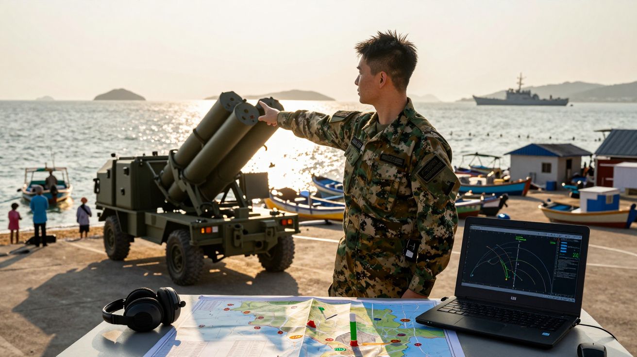 Militar em uniforme camuflado aponta para armamento próximo à costa, com mapa e computador numa mesa à frente.