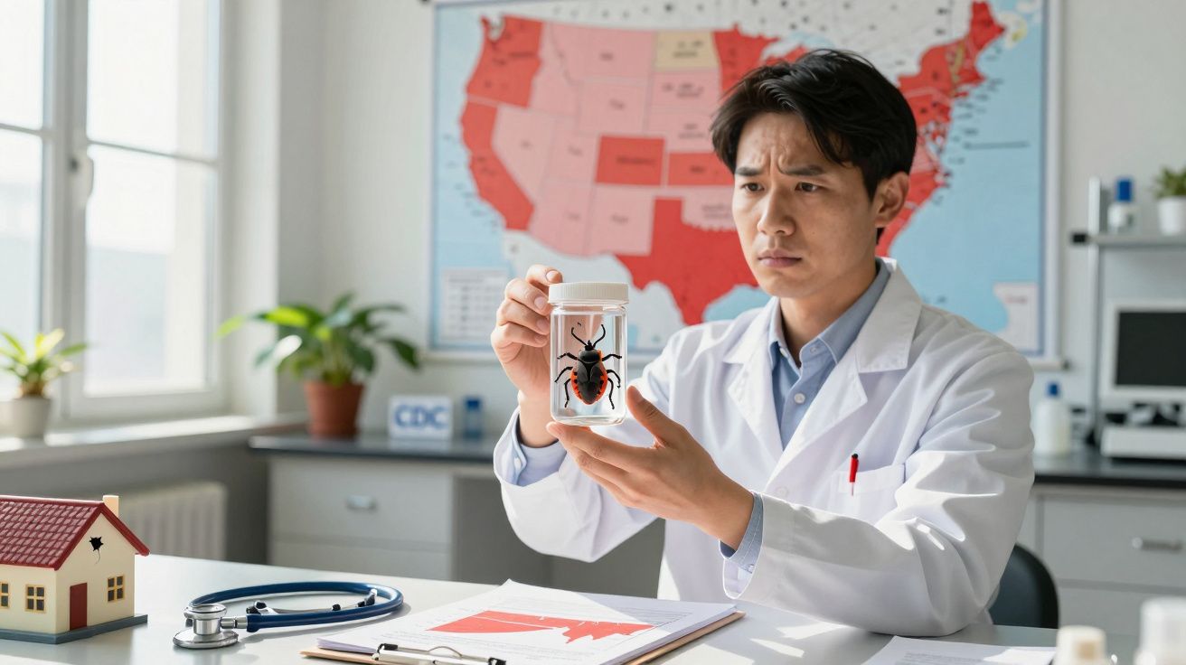 Cientista em laboratório a examinar inseto grande dentro de frasco transparente numa mesa com mapa dos EUA ao fundo.