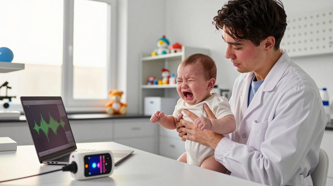 Médico segura bebé a chorar durante exame auditivo numa clínica luminosa e equipada.
