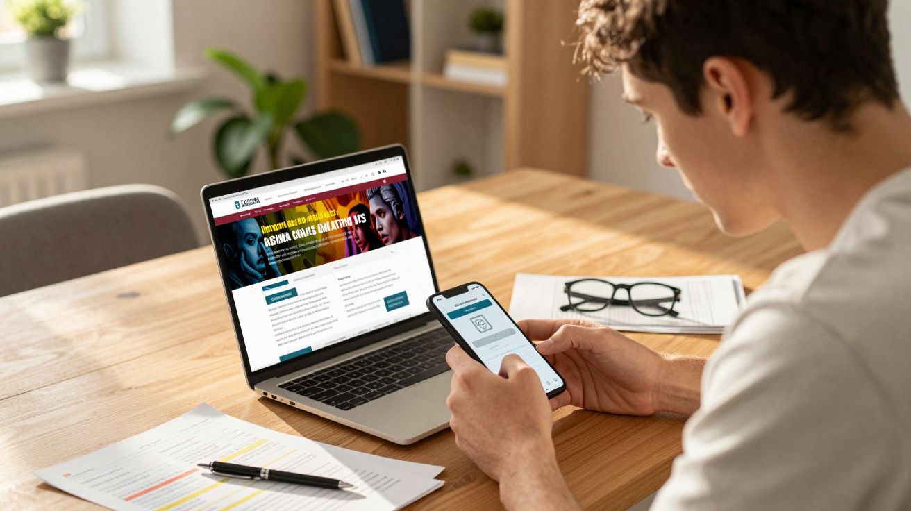 Pessoa a usar smartphone e computador portátil numa secretária com documentos e óculos.