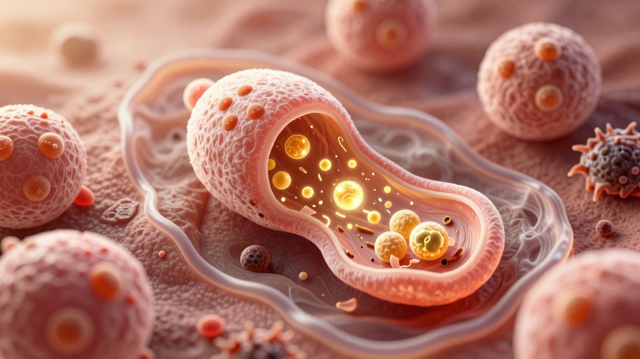 Ilustração detalhada de células e organelos microscópicos num ambiente biológico em tons cor de rosa e laranja.